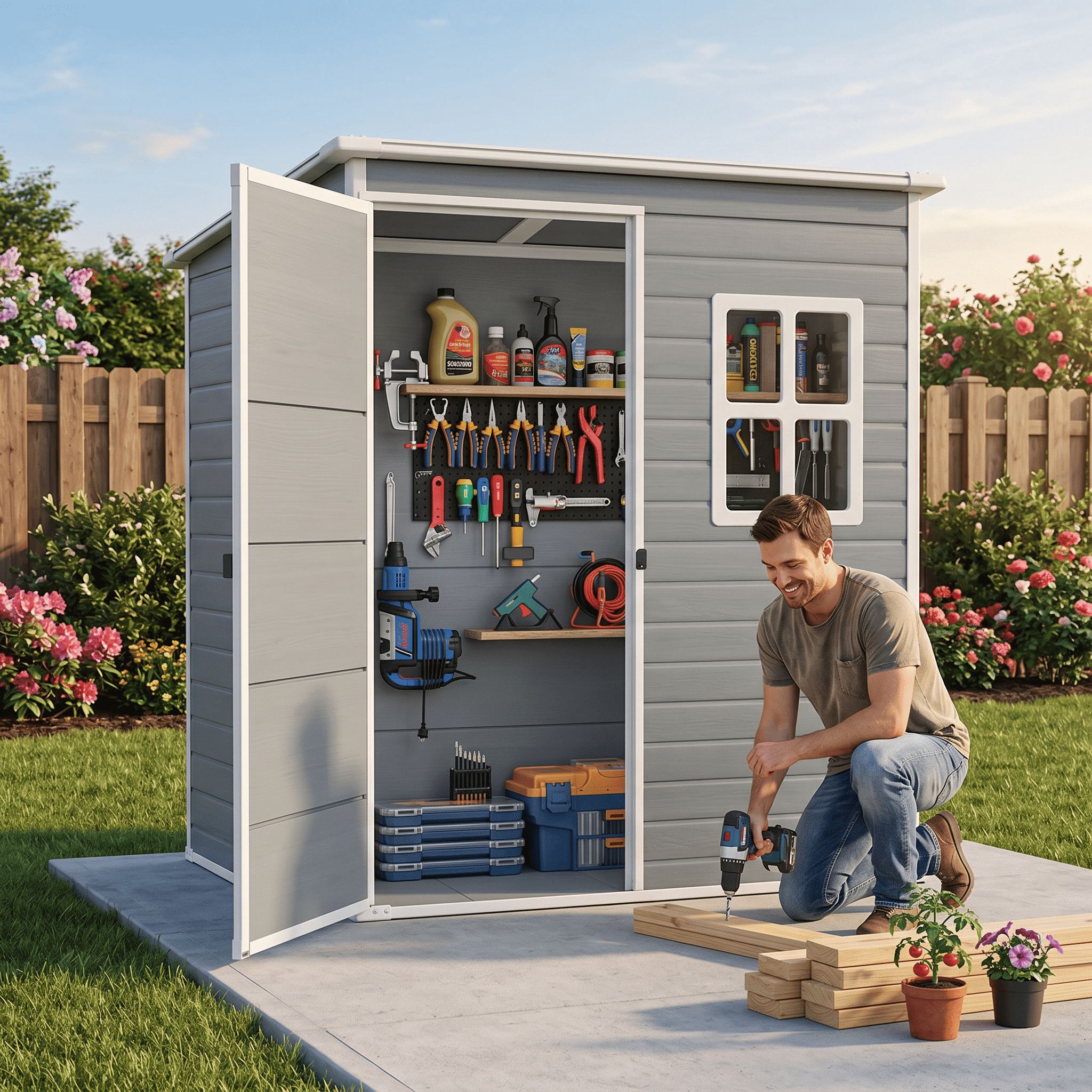 Resin Storage Shed, Asofer 5×3 FT All-Weather Outdoor Shed with Window & Sloped Roof, Multi-Use Organizer for Garden Backyard,Gray