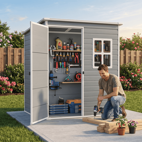 Resin Storage Shed, Asofer 5×3 FT All-Weather Outdoor Shed with Window & Sloped Roof, Multi-Use Organizer for Garden Backyard,Gray