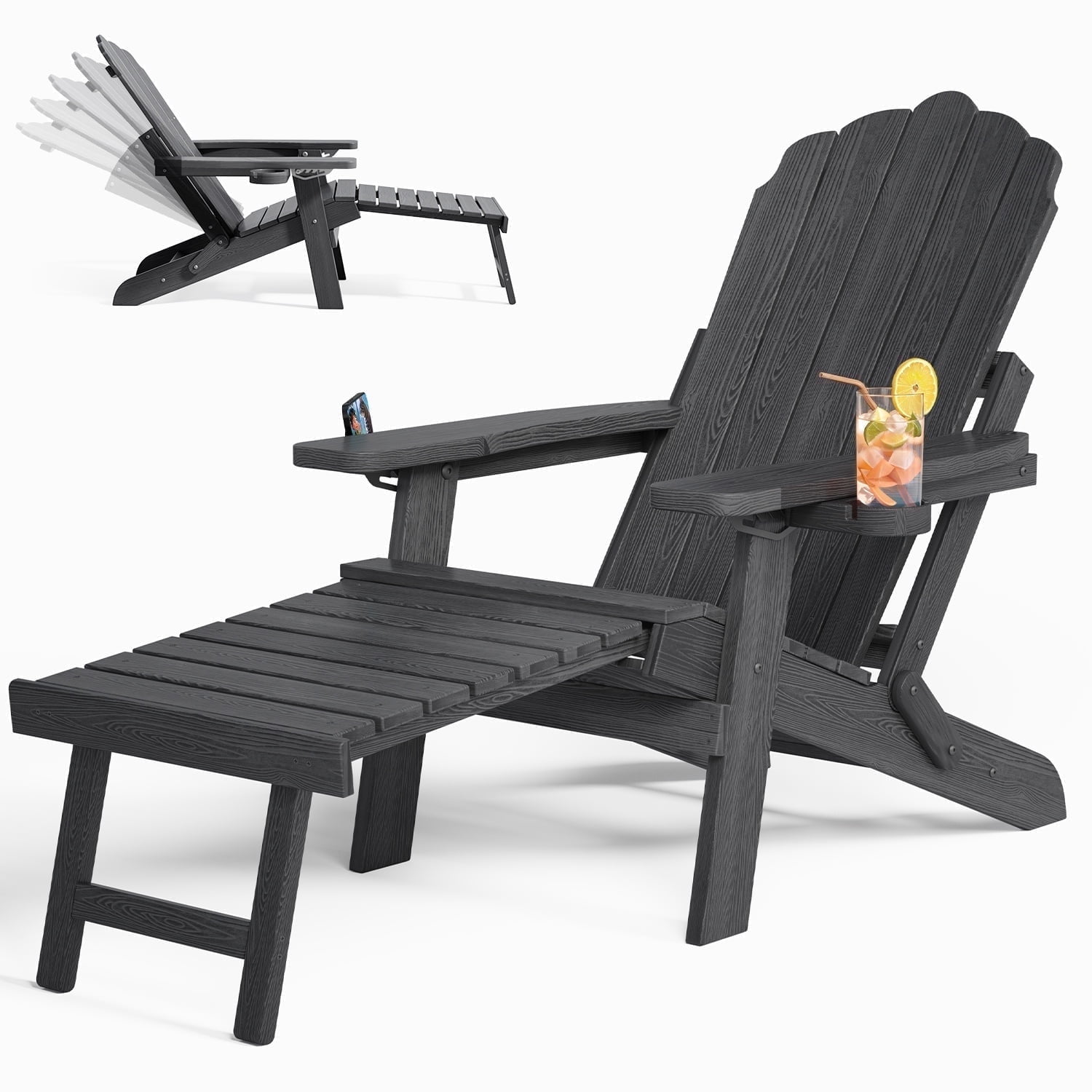 Black Plastic Adirondack Chair with Retractable Ottoman