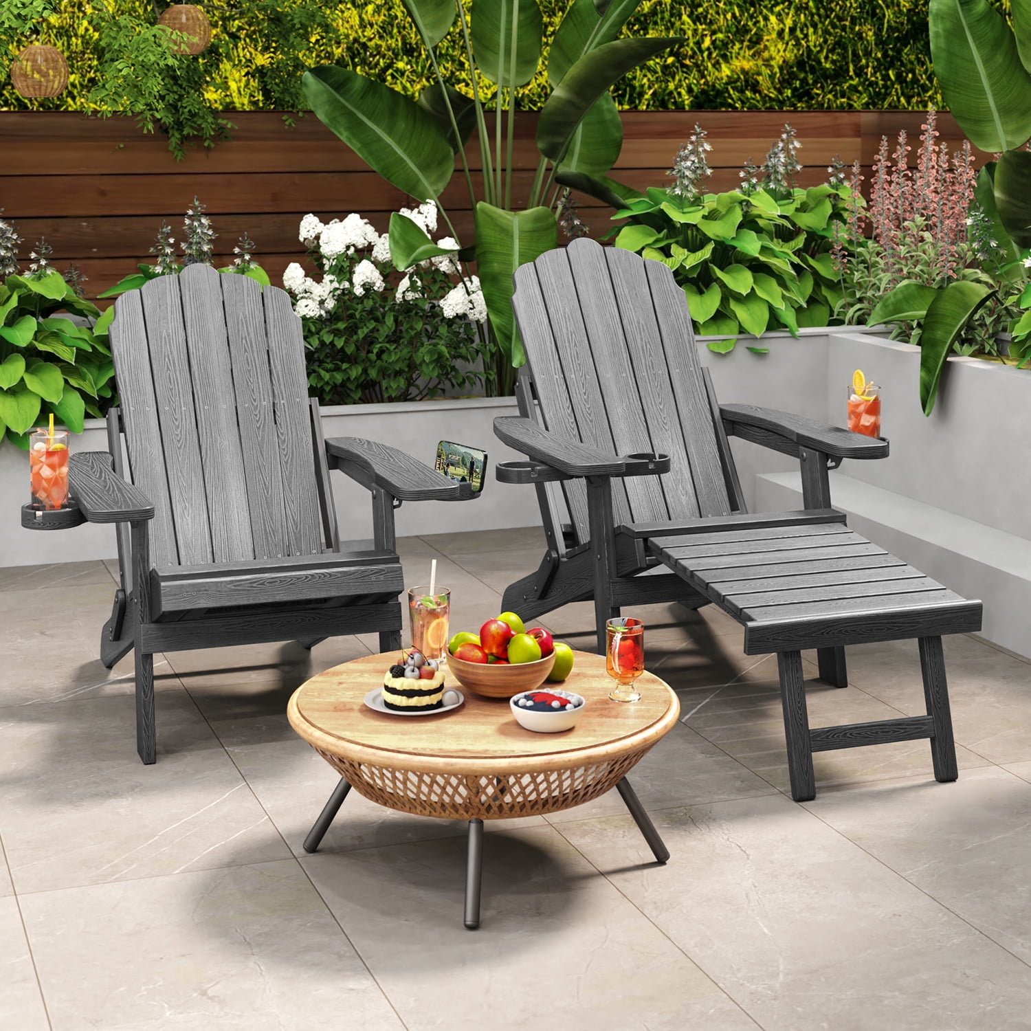 Asofer Adirondack Chair with Retractable Ottoman, Outdoor Folding Chair for Patio Garden Fire Pit, Gray - 2 PCS