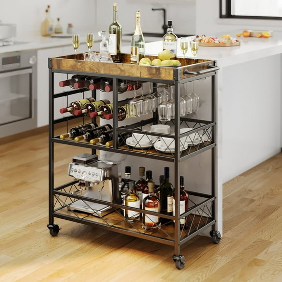 Asofer Bar Cart for The Home, 3 Tier Rolling Serving Cart on Lockable Wheels, Beverage Cart with Removable Top Tray, Retro