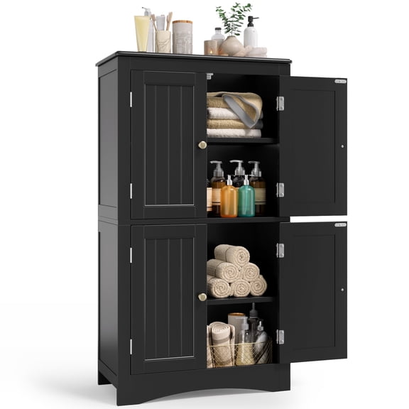 Asofer Bathroom Floor Storage Cabinet, Bathroom Storage Unit, Freestanding Cabinet with 4 Doors, Adjustable Shelves, Black
