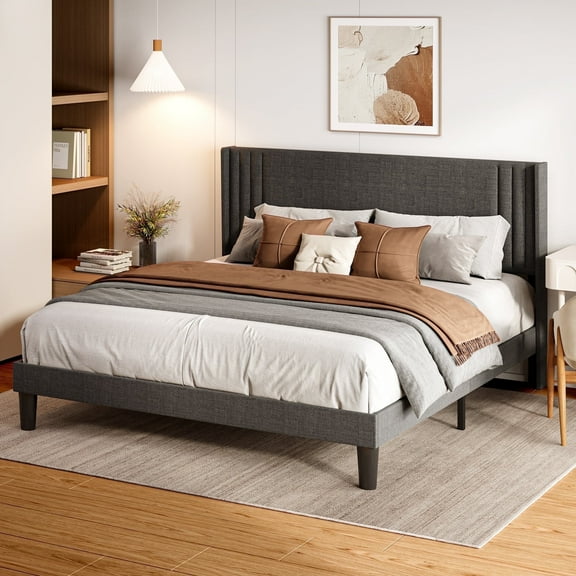 Asofer Bed Frame Full, Upholstered Platform Metal Bed Frame with Headboard, Noise Free, Dark Grey