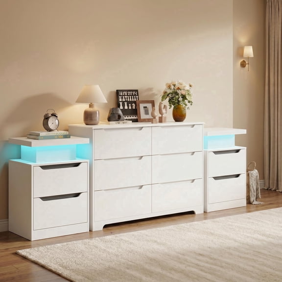 Asofer Bedroom Dresser Set of 3 - Includes 6 Drawer Dresser & 2 Nightstand, White