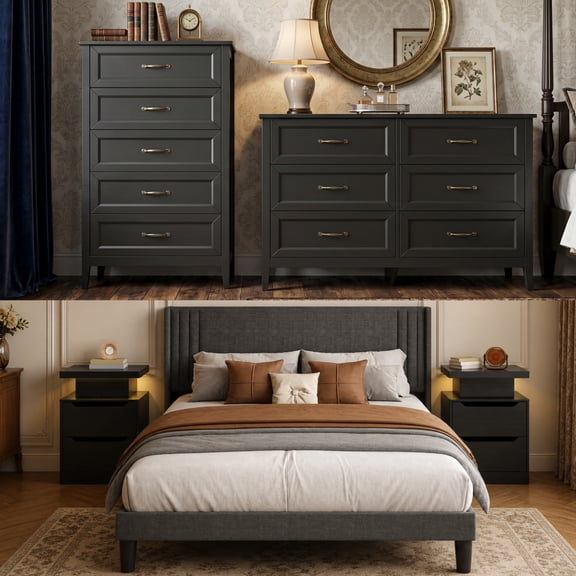 Asofer Bedroom Furniture Sets, Include Queen Size Bed Frame, 5-Drawer Dresser & 6-Drawer Dresser and 2 Nightstands, Black