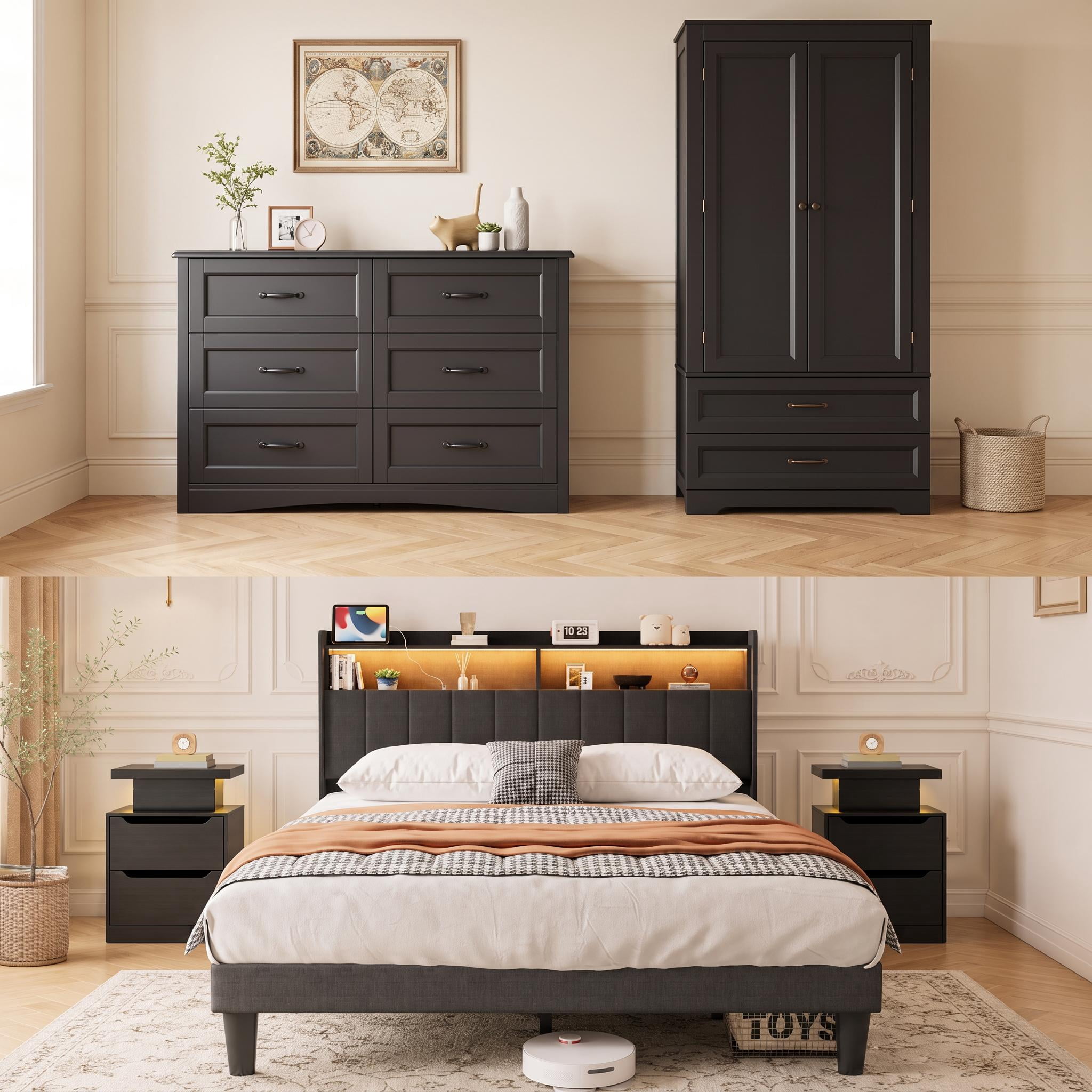 Asofer Bedroom Furniture Sets, Include Queen Size Bed Frame, Wardrobe & 6-Drawer Dresser and 2 Nightstands