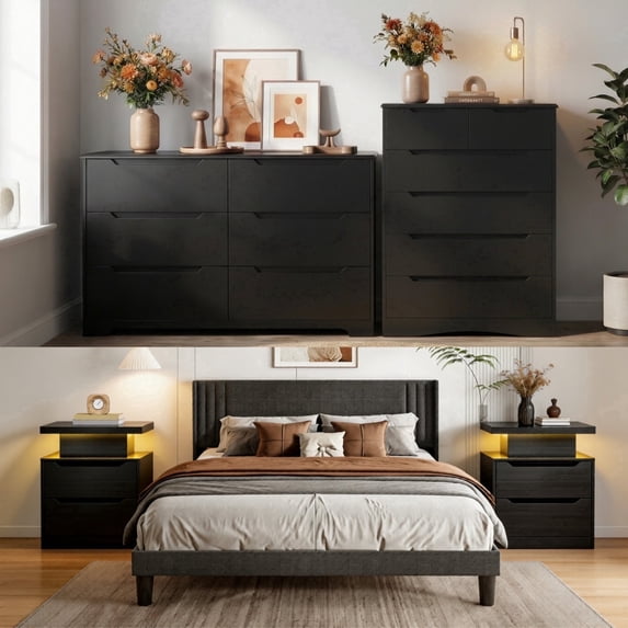 Asofer Bedroom Furniture Sets, Include Queen Size Bed Frame, 6-Drawer Dresser & 6-Drawer Dresser and 2 Nightstands, Black