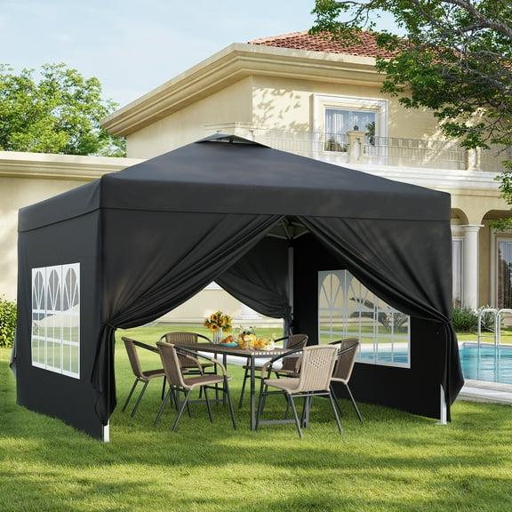 Asofer Black 10'x10' Pop up Canopy Tent with 4 Removable Sidewalls, Outdoor Camping Party Canopy Gazebo Tent Patio Beach
