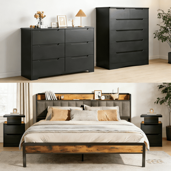 Asofer Black 5-Piece Bedroom Set: King Storage Bed Frame, 2 Drawer Dressers and 2 Nightstands