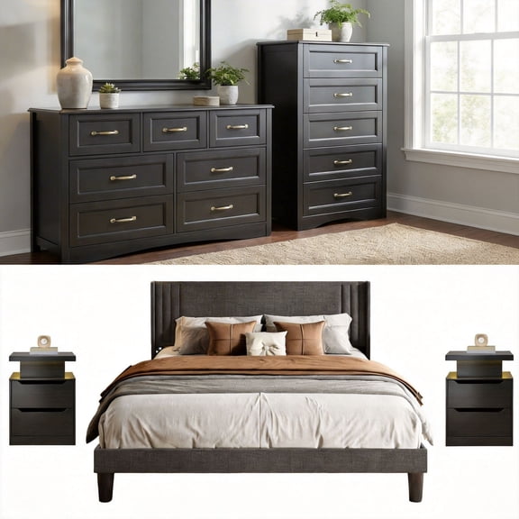 Asofer Black Bedroom Set: Queen Bed Frame, 2 Nightstands & 2 Drawer Dressers