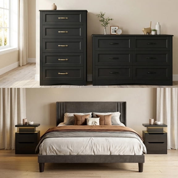 Asofer Black Bedroom Set: Queen Bed Frame, 2 Nightstands & 2 Drawer Dressers