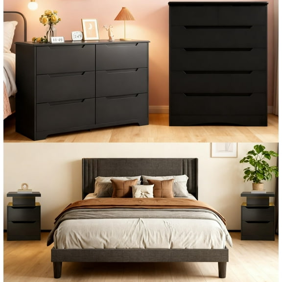 Asofer Black Bedroom Set: Queen Bed Frame, 2 Nightstands & 2 Six-Drawer Dressers