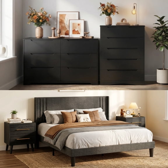 Asofer Bedroom Furniture Sets, Include Queen Size Bed Frame, 6-Drawer Dresser & 6-Drawer Dresser and 2 Nightstands, Black