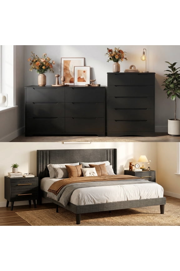 Bedroom Furniture Sets, Include Queen Size Bed Frame, 6-Drawer Dresser & 6-Drawer Dresser and 2 Nightstands, Black