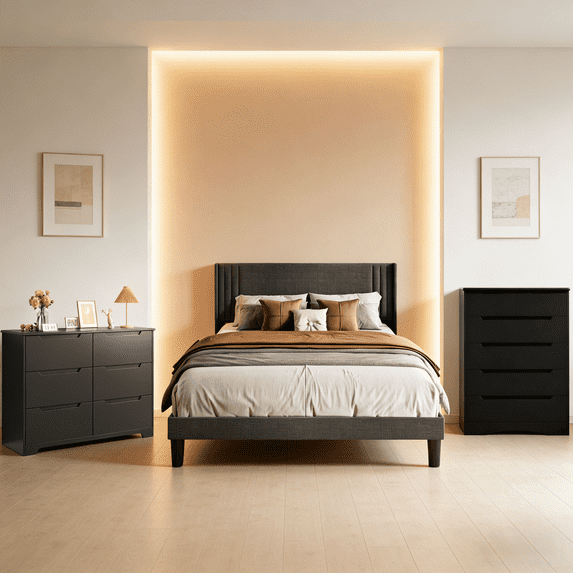 Sturdy Queen Bed Frame Set with 2 Dressers, Noise-Free & Easy Assembly, 12-Drawer Storage, Engineered Wood, Black