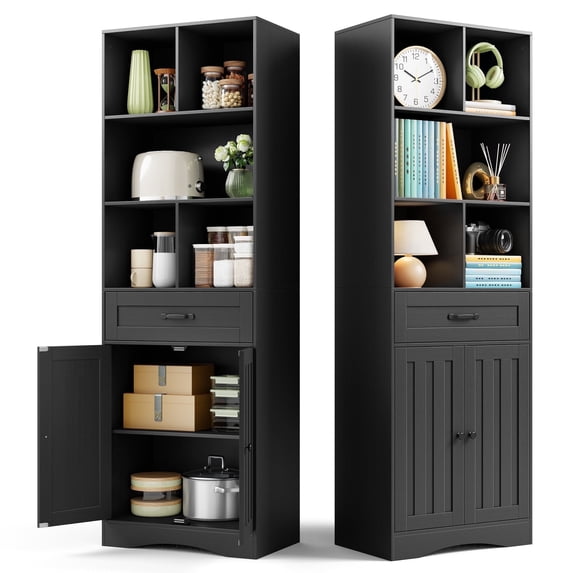 Asofer Pantry Storage Cabinet with Doors & Drawer & Adjustable Shelves for Kitchen, Living Room, Black