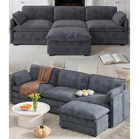 Asofer Comfy Cloud Couch Bed, Modular L Shaped Chenille Deep Seat Convertible Sectional Sofa with Movable Ottoman, 440Ibs Sturdy Frame for Living Room Bedroom Apartment Office, Dark Gray