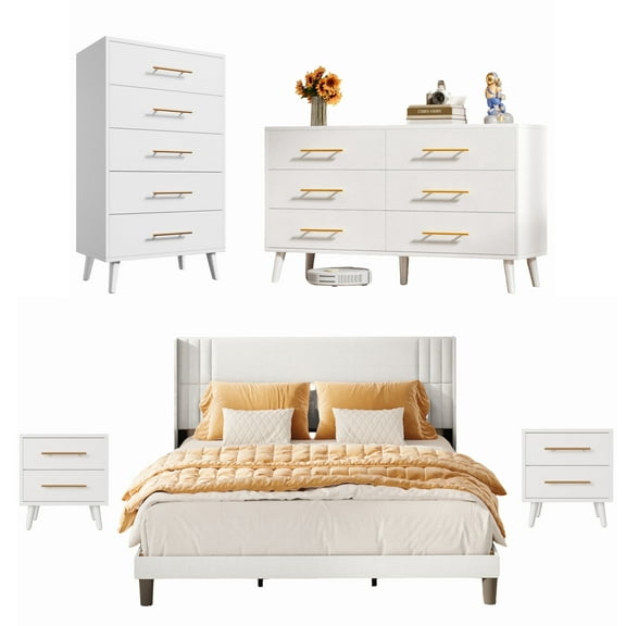 Asofer Complete 5-Piece King Bedroom Set: All-in-One with Bed, 2 Dressers & 2 Nightstands in Modern White
