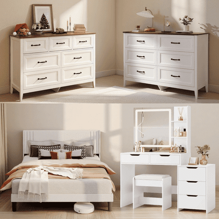 Asofer Complete White Bedroom Set: Queen Wingback Bed Frame, LED Vanity, 6 & 7-Drawer Dressers, Massive Storage