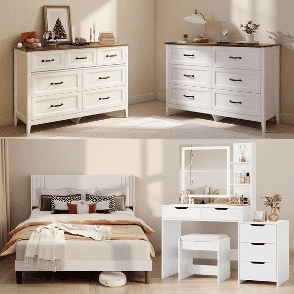 Asofer Complete White Bedroom Set: Queen Wingback Bed Frame, LED Vanity, 6 & 7-Drawer Dressers, Massive Storage