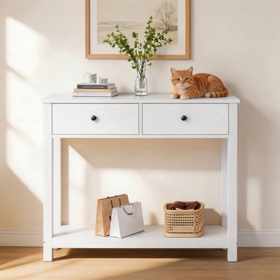 Asofer Console Table, Narrow Entryway Table with 2 Drawers, Bttom Shelf for Living Room, Foyer, White