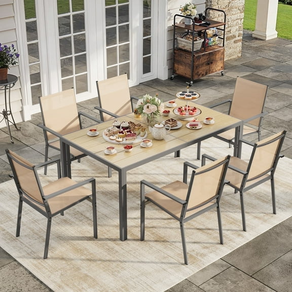 Patio Dining Set, 7 Pieces Outdoor Dining Set for 6 with Stackable Textilene Chairs for Garden & Yard, Brown