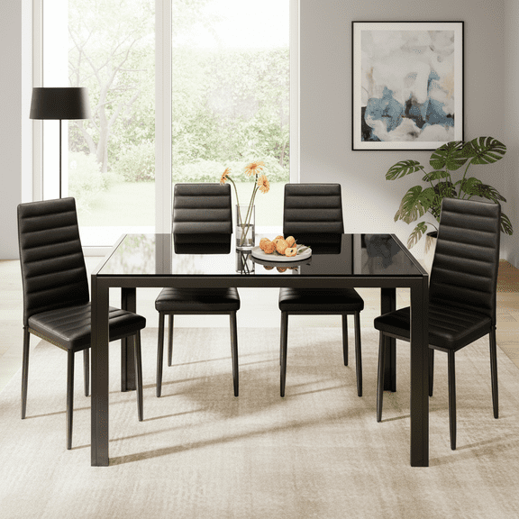 Asofer Dining Table Set for 4, Home Kitchen Glass Dining Set with 4 PU Leather Chairs, Modern Thick Tempered Glass Table, Black