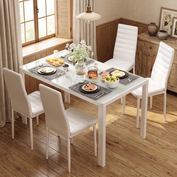 Asofer Dining Table Set for 4, Home Kitchen Glass Dining Set with 4 PU Leather Chairs, Modern Thick Tempered Glass Table, White