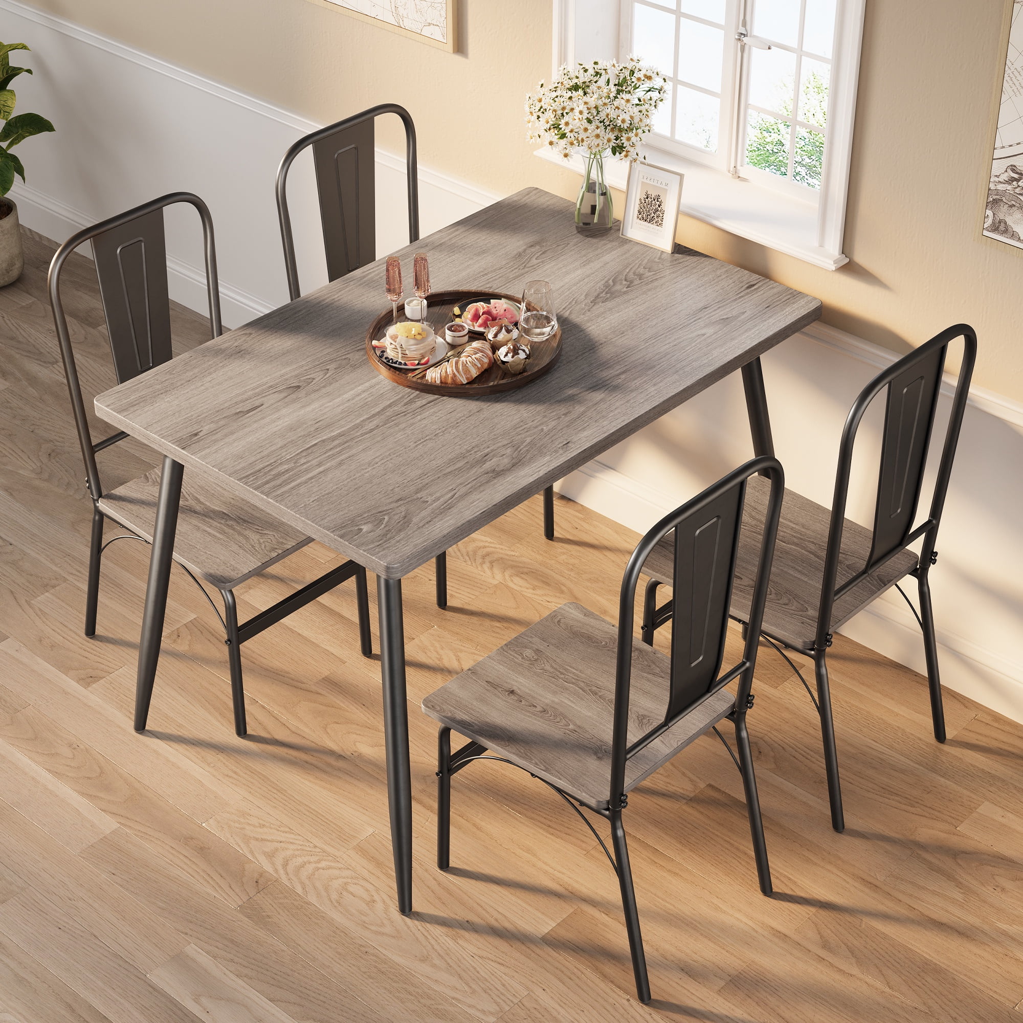 Mainstays 5 Piece Wood Metal Dining Room Set Seats 4 Canyon Walnut Black Walmart