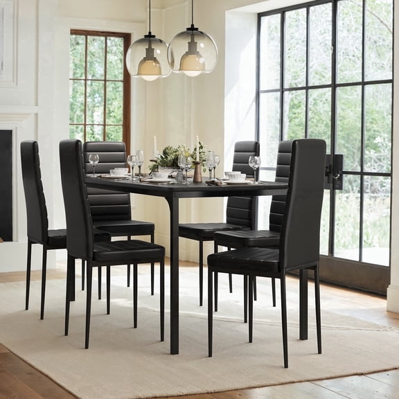 63" Rectangular Dining Table Set for 6, PU Upholstered Chair Kitchen Dinette Furniture for Home & Restaurant,Sturdy Easy Clean,Black