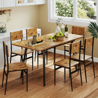Asofer Dining Table Set for 6, Retro Dining Room Set, Small Extendable Kitchen Table Chairs Set of 6, Space Saving