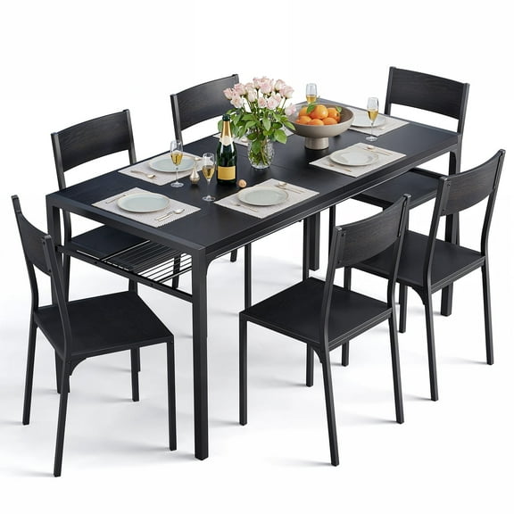 Asofer Dining Table Set for 6 with Chairs, 7-Piece Kitchen Table Set for Apartment, Dining Room, Black