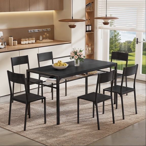 Asofer Dining Table Set for 6 with Chairs, 7-Piece Kitchen Table Set for Apartment, Dining Room, Black