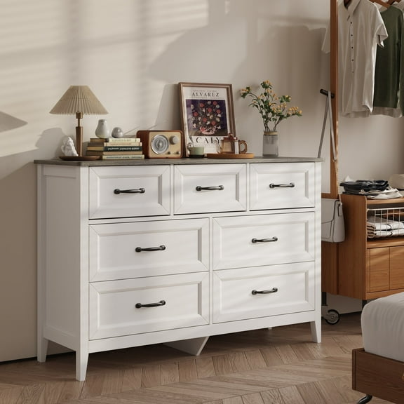 Asofer Dresser for Bedroom, 7-Drawer White Dresser Cabinet with Metal Handle, Gray countertop