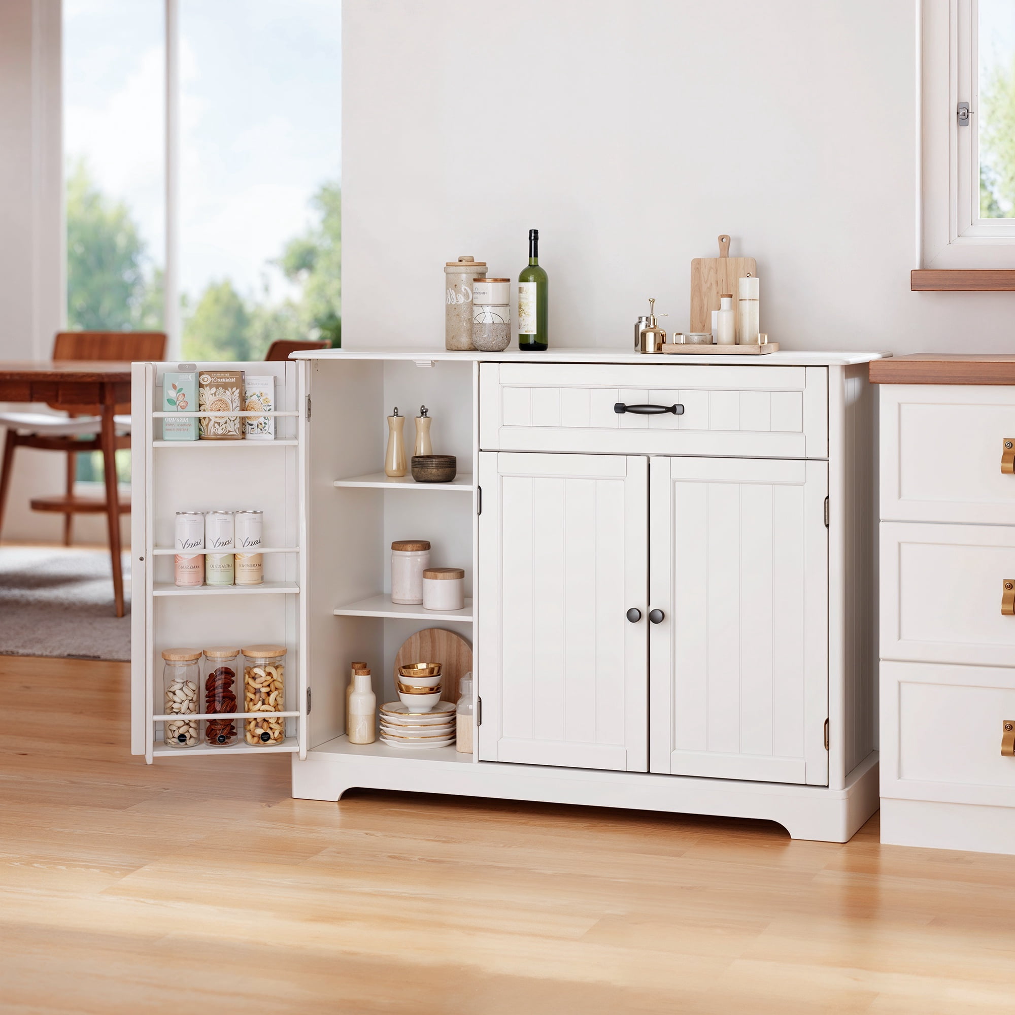 Asofer 42" Kitchen Storage Cabinet, Sideboard Buffet with 3 Doors & 1 Drawer & 8 Shelves, White