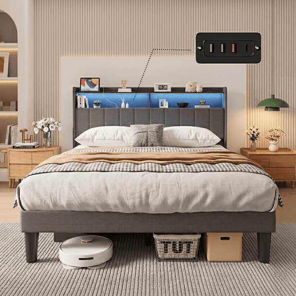 Asofer Queen Bed Frame With RGB LED Smart RGB LED Lights & Charging Station, No Box Spring & Wood Slats, Gray