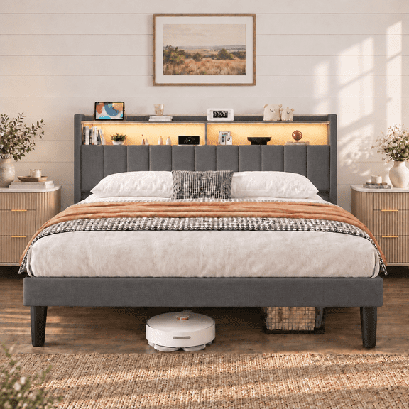 Asofer LED Queen Bed Frame With Charging Station, Upholstered Platform Bed with Wood Slats, Dark gray