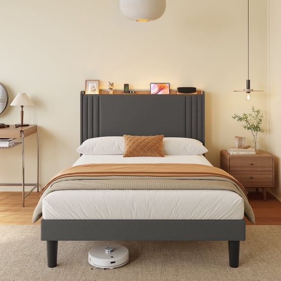 Asofer Full Bed Frame w/Upholstered Wingback, Wood Slats, Charging Station & LED Lights, Dark Gray