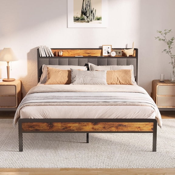 Asofer Full Bed Frame with Storage Headboard, Noise-Free,Sturdy Metal Platform, Dark Gray