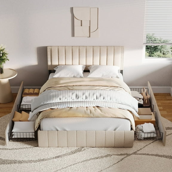 Asofer Full Bed Frames with 4 Storage Drawers on Wheels, Headboard Adjustable, Wood Slats, Beige