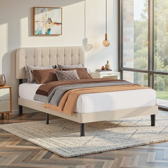 Asofer Full Beige Upholstered Platform Bed Frame, Dual Height Adjustable Linen Headboard, Silent Wood Slat Base, No Box Spring Required