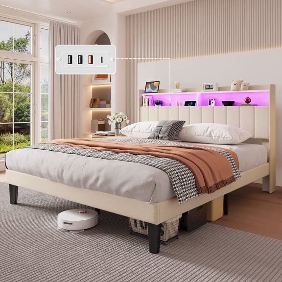 Asofer Queen Bed Frame with,Modern Upholstered Platform Bed with USB Charging Ports Headboard,No Box Spring Needed,Beige