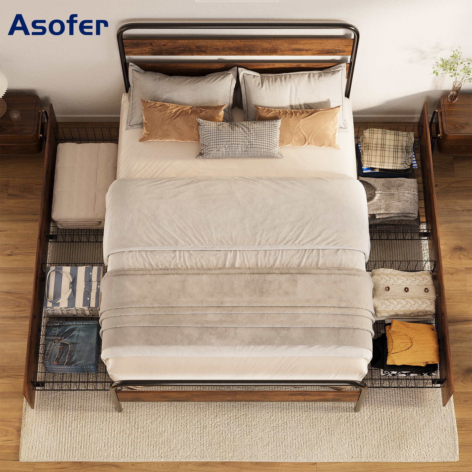 Asofer Full Size Bed Frame with 4 Storage Drawer and Wood Headboard for ...