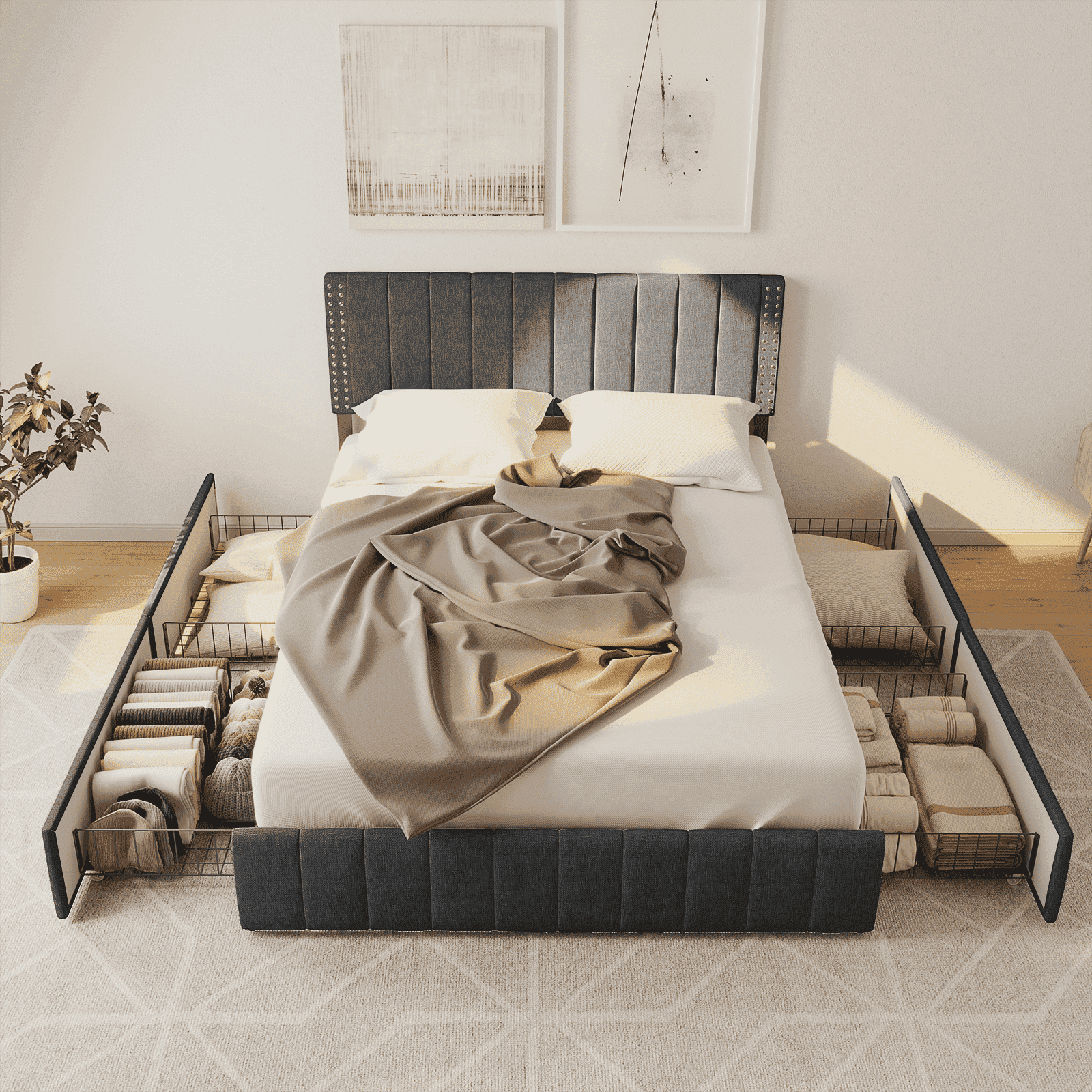 Asofer Full Size Storage Bed Frame w/4 Wheels, Adjustable Headboard & Wood Slats, Dark Gray​