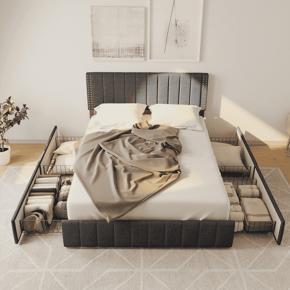 Asofer Full Size Storage Bed Frame w/4 Wheels, Adjustable Headboard & Wood Slats, Dark Gray​