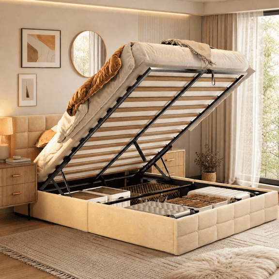 Asofer Full Size Hydraulic Lift Storage Bed Frame, Button Tufted Wingback Upholstered Platform Bed, Beige