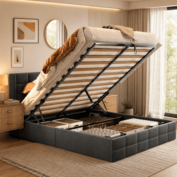 Asofer Full Size Hydraulic Lift Storage Bed Frame, Button Tufted Wingback Upholstered Platform Bed, Gray