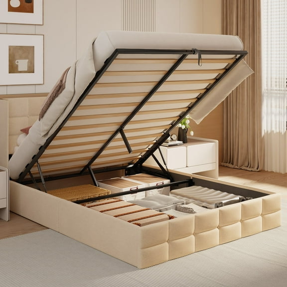 Asofer Full Bed Frame, Lift-Up Hydraulic Storage w/Platform Design, Beige