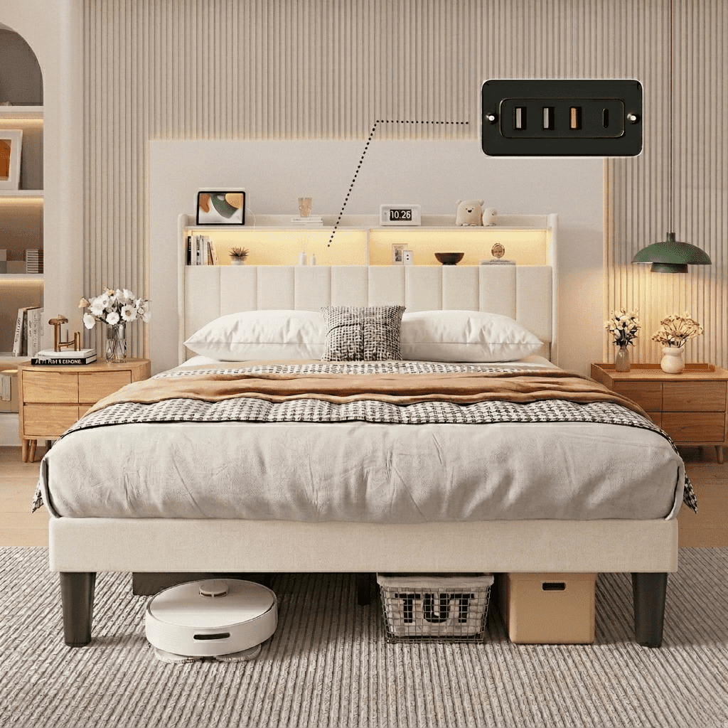 Asofer Queen Bed Frame With  RGB LED Smart RGB LED Lights & Charging Station, No Box Spring & Wood Slats, Beige