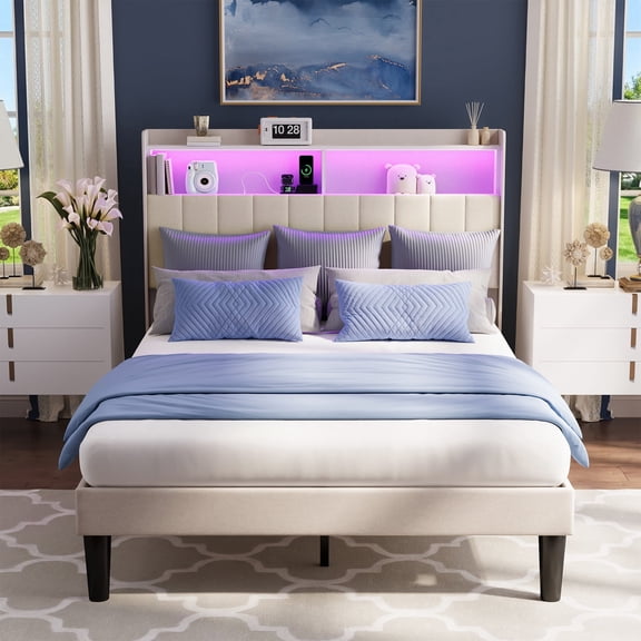 Asofer Full Bed Frame with RGB  LED Lights & Charging Station, Modern Upholstered Platform Bed with 2-Tier Storage Headboard, No Box Spring Needed,Beige